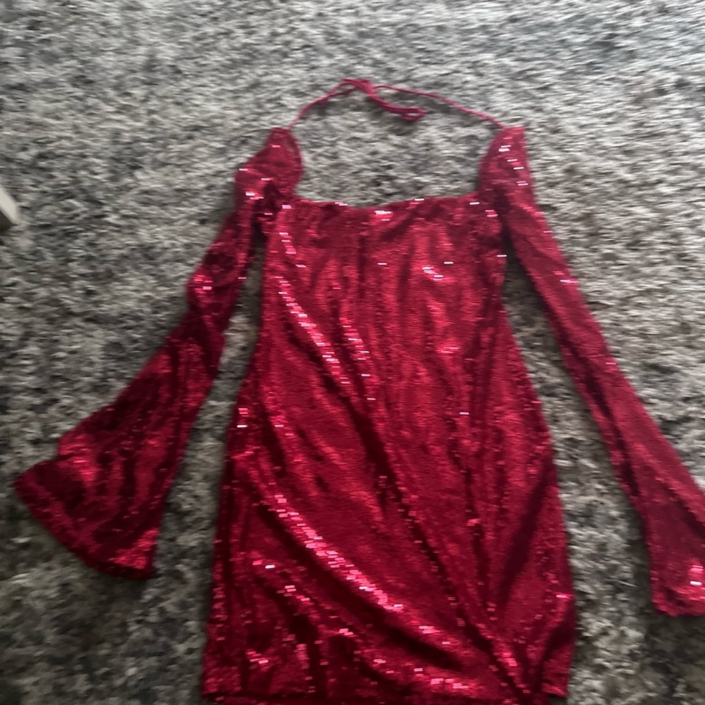 Red long sleeve sequence dress sz L - Picture 5 of 6